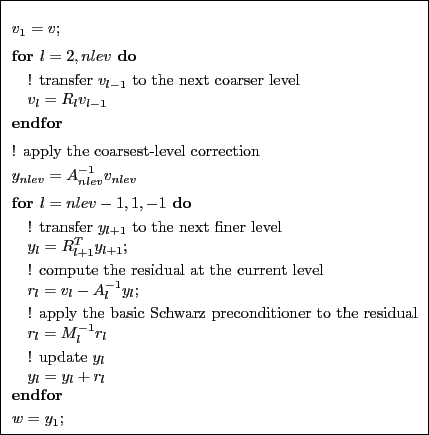 \framebox{
\begin{minipage}{.85\textwidth} {\small
\begin{tabbing}
\quad \=\quad...
...= y_l+r_l$\\
\textbf{endfor} \ [1mm]
$w = y_1$;
\end{tabbing}}
\end{minipage}}