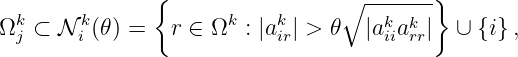                {                 ∘ -------}
Ωkj ⊂ N ki (θ) =  r ∈ Ωk : |akir| > θ |akiiakrr|  ∪ {i} ,
