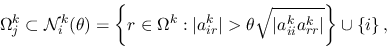 \begin{displaymath}
\Omega^k_j \subset \mathcal{N}_i^k(\theta) =
\left\{ r \i...
...vert a_{ii}^ka_{rr}^k\vert} \right \} \cup \left\{ i \right\},
\end{displaymath}