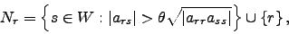 \begin{displaymath}N_r = \left\{s \in W: \vert a_{rs}\vert > \theta \sqrt{\vert a_{rr}a_{ss}\vert} \right\}
\cup \left\{ r \right\} ,
\end{displaymath}